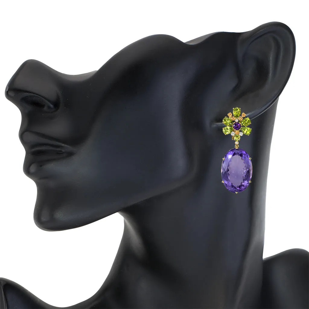 Gold Blossom Drop Earrings with Oval Amethyst & Peridot