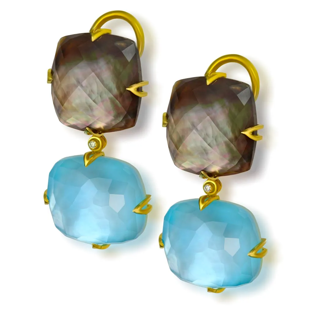 Gold Denim Drop Earrings with Mother Of Pearl & Diamonds