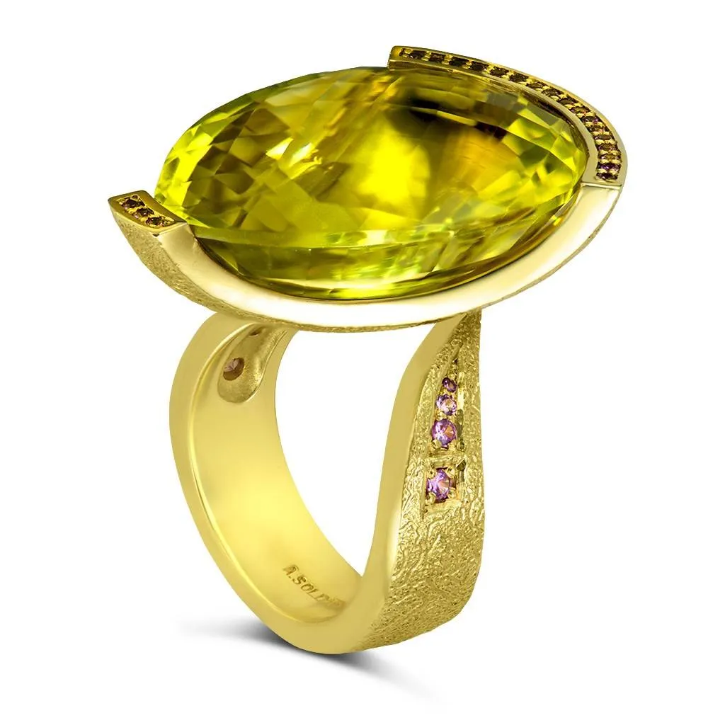 Gold Swan Ring with Lemon Citrine & Pink Sapphires