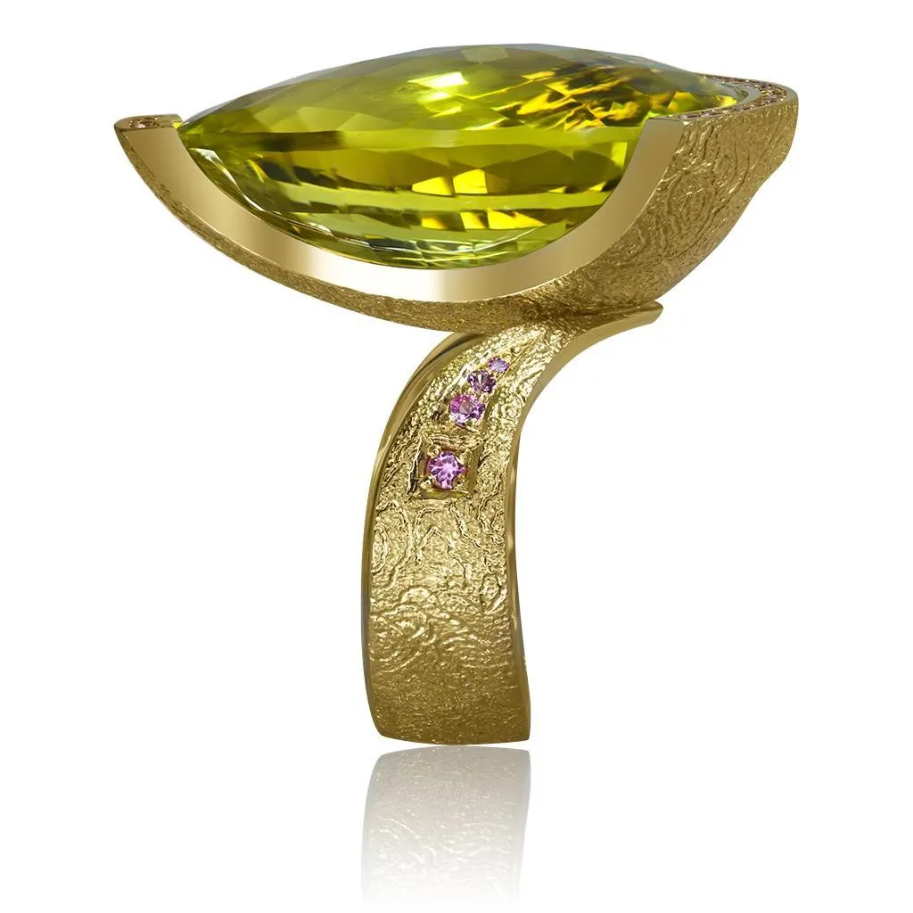 Gold Swan Ring with Lemon Citrine & Pink Sapphires