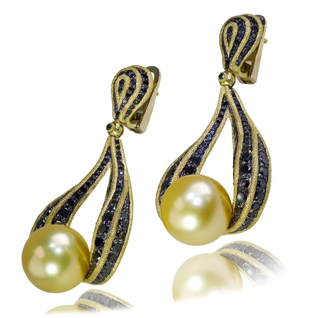 Gold Twist Earrings With Golden Pearls & Diamonds