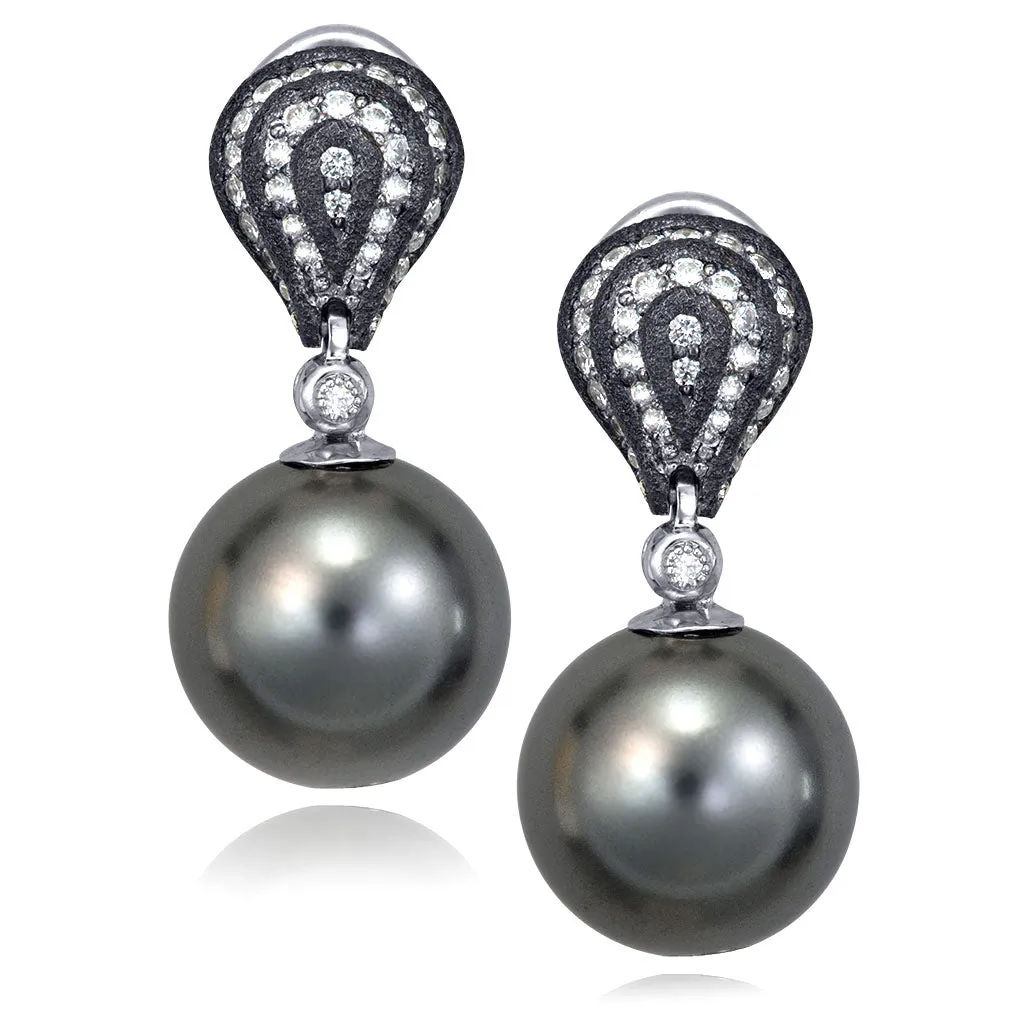 Gold Twist Petite Earrings With Tahitian Pearls & Diamonds