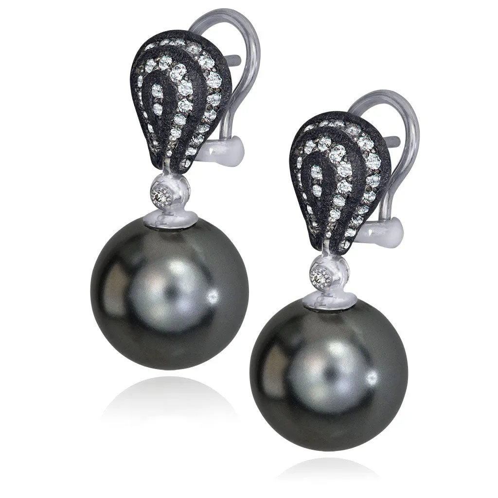 Gold Twist Petite Earrings With Tahitian Pearls & Diamonds