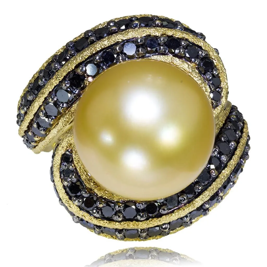 Gold Twist Ring With Golden Pearl & Diamonds