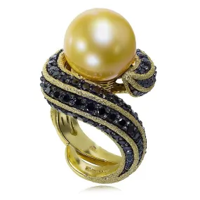 Gold Twist Ring With Golden Pearl & Diamonds