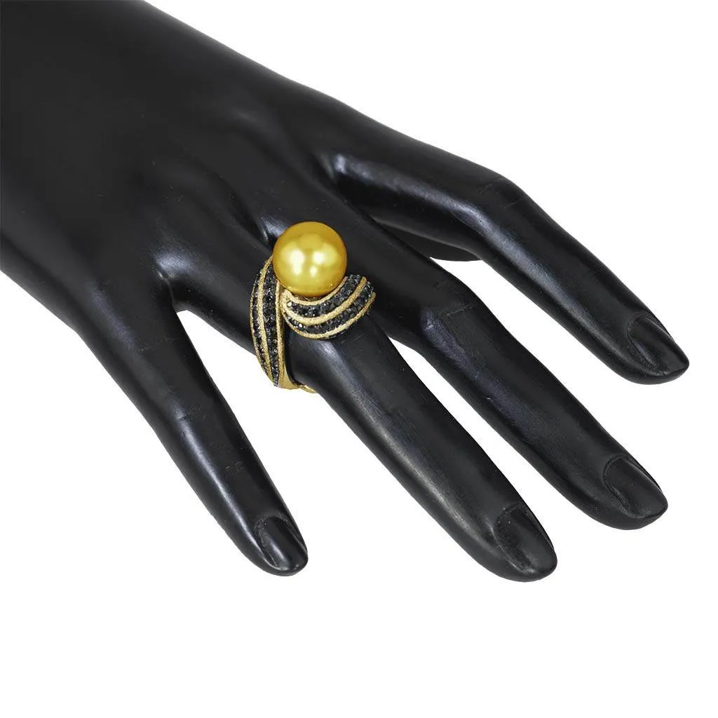 Gold Twist Ring With Golden Pearl & Diamonds