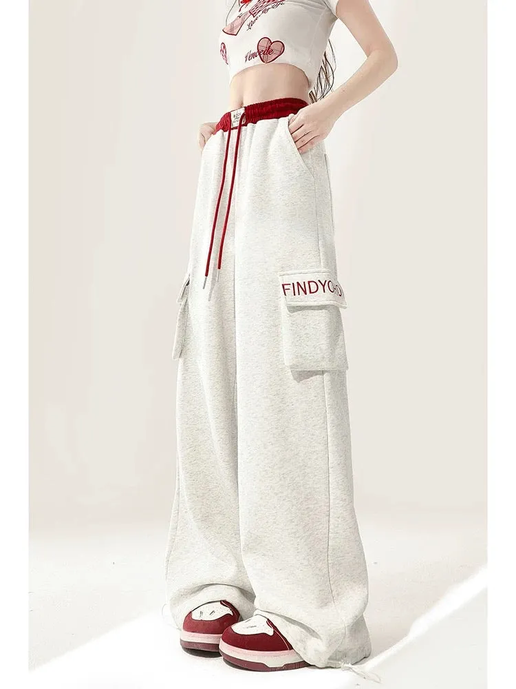 Gray overalls sweatpants for women, autumn American drawstring sweatpants, loose straight casual wide-leg jazz pants