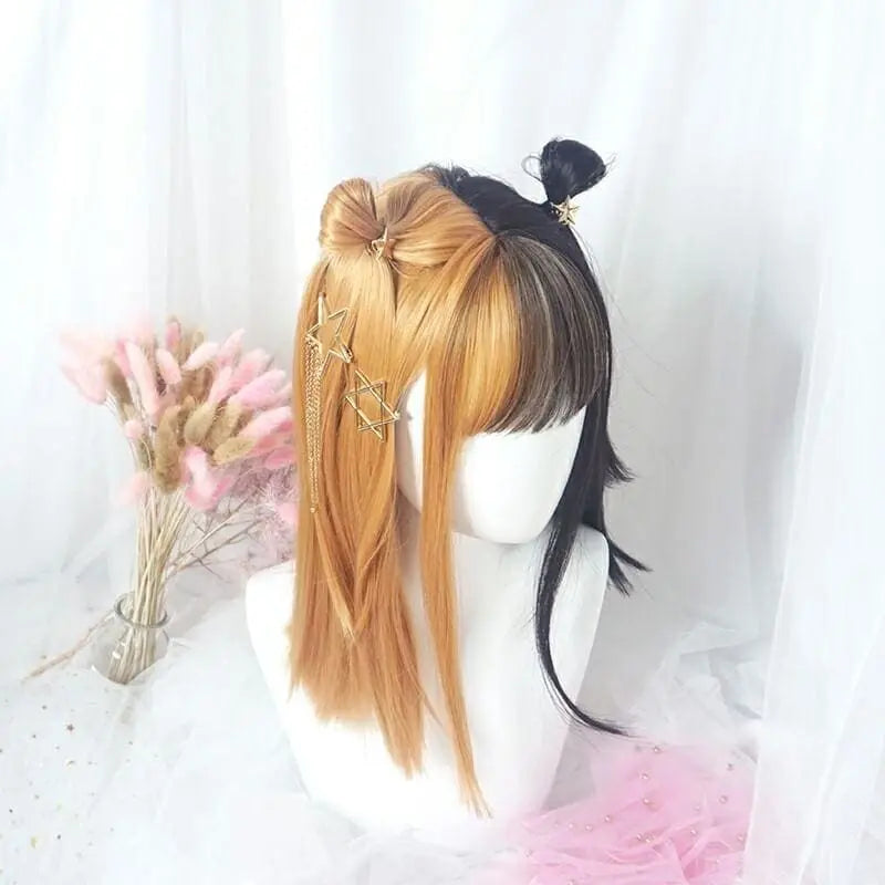 Half Orange Half Black Mixed Double Color Girl Wig MK16009