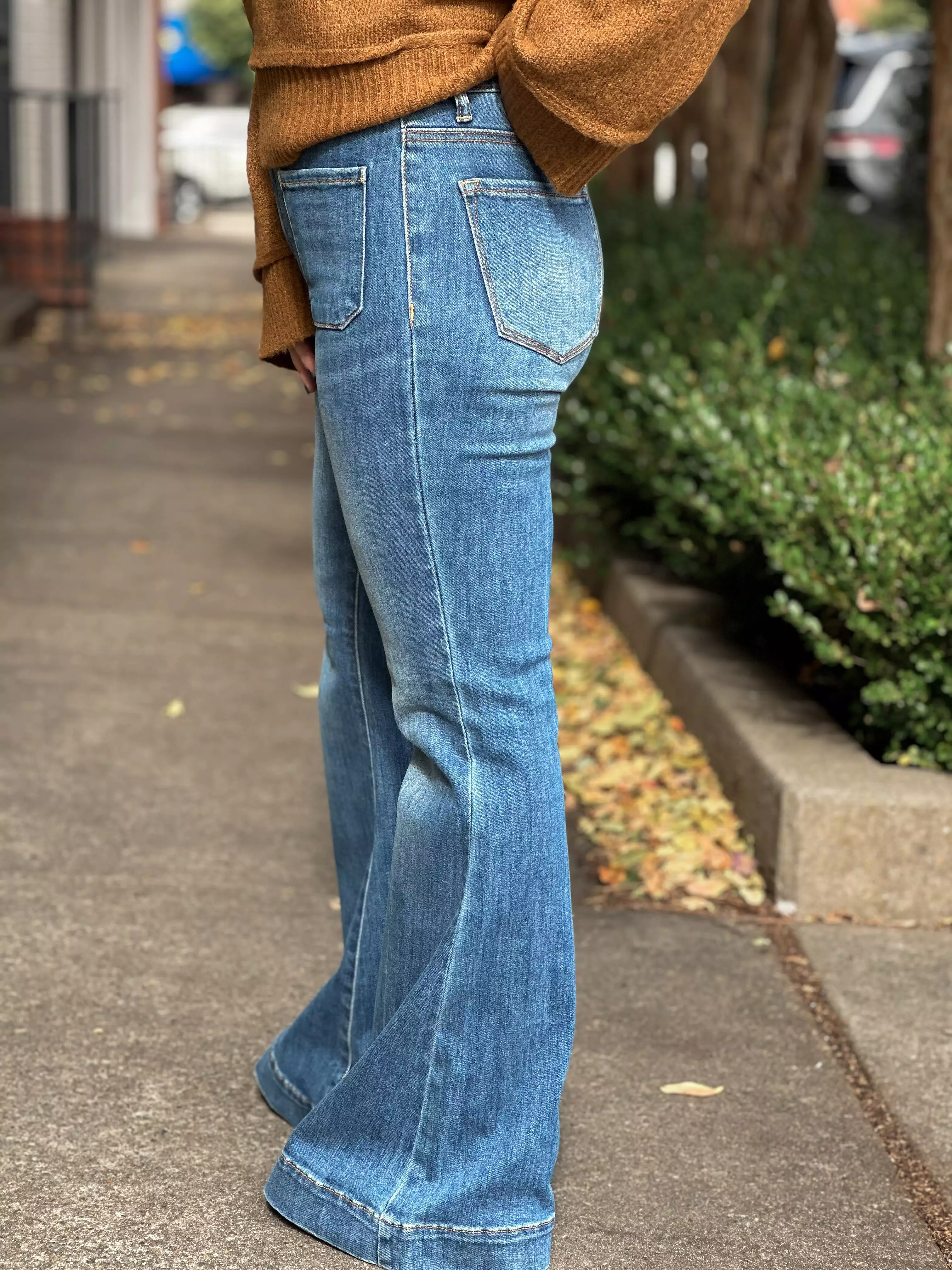 High Rise Patch Pocket Bell Bottom Jeans