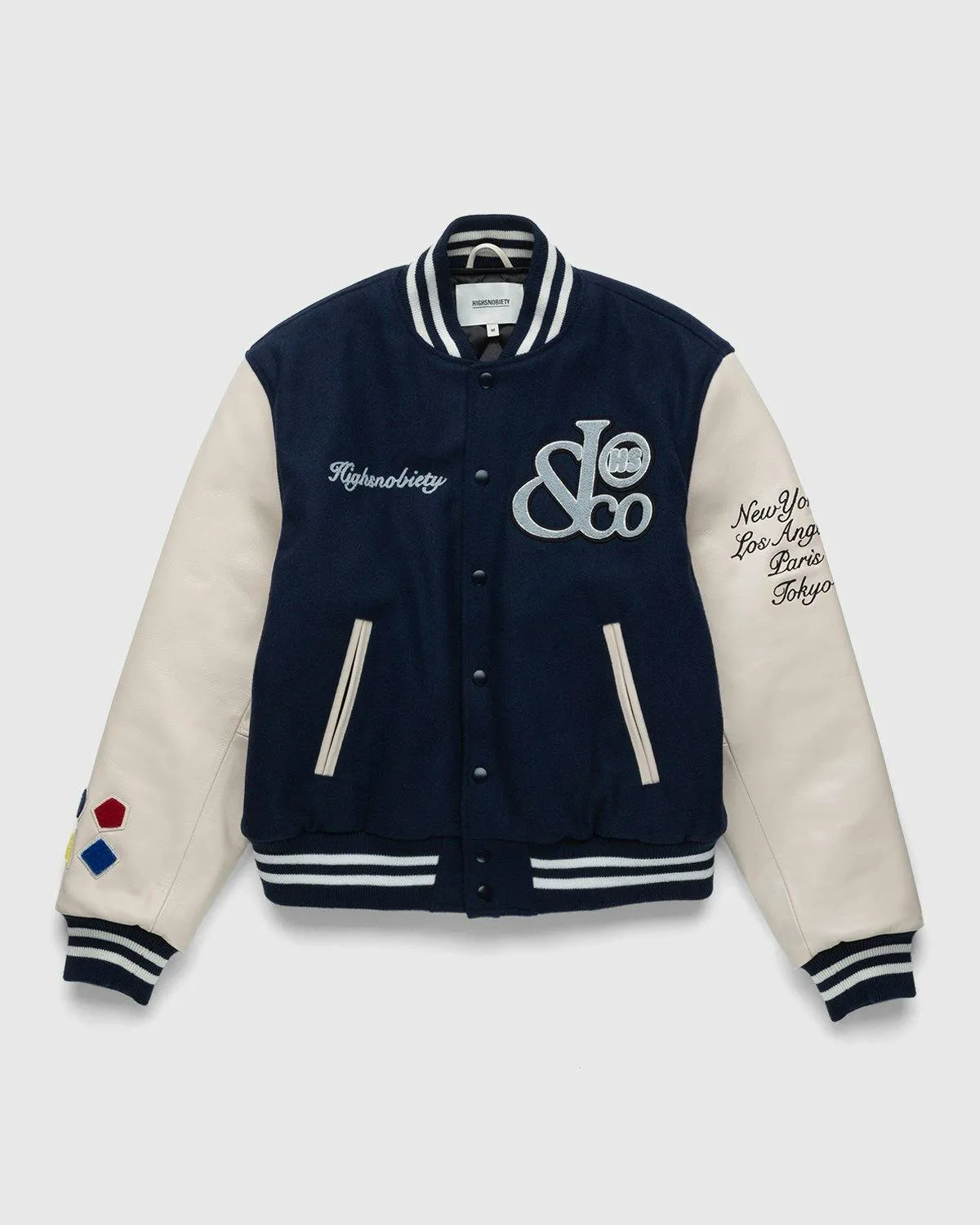 Jacob & Co. x Highsnobiety – Logo Varsity Jacket Navy Creme | Highsnobiety Shop