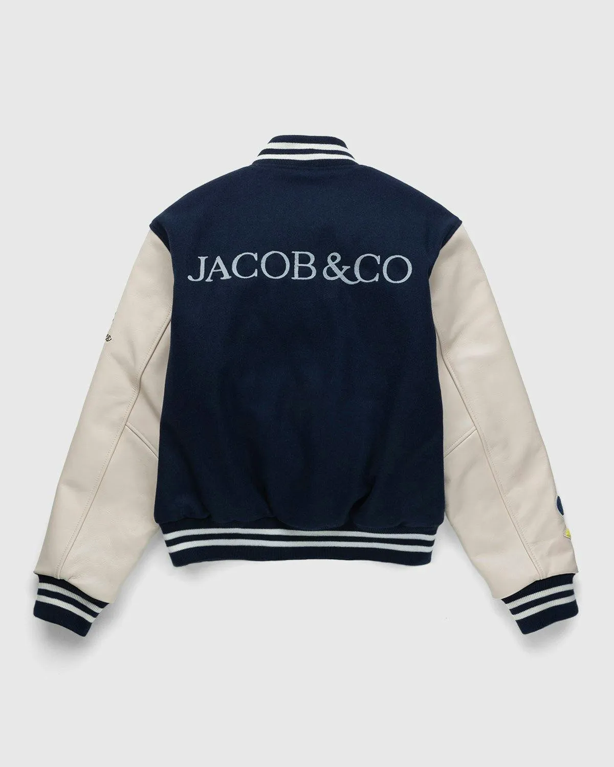 Jacob & Co. x Highsnobiety – Logo Varsity Jacket Navy Creme | Highsnobiety Shop