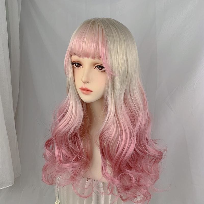 Kawaii Cute Platinum Gradient Pink Long Curly Lolita Wig MK16753