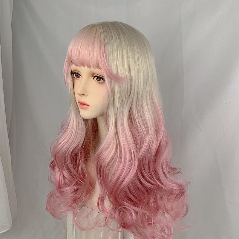 Kawaii Cute Platinum Gradient Pink Long Curly Lolita Wig MK16753