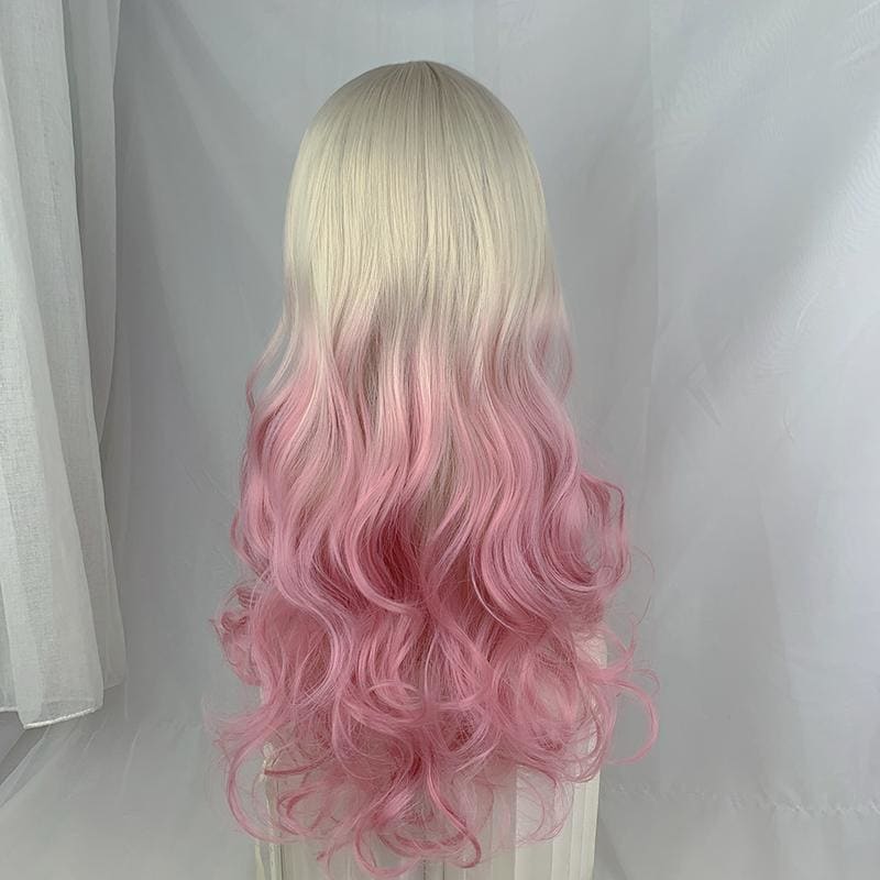 Kawaii Cute Platinum Gradient Pink Long Curly Lolita Wig MK16753