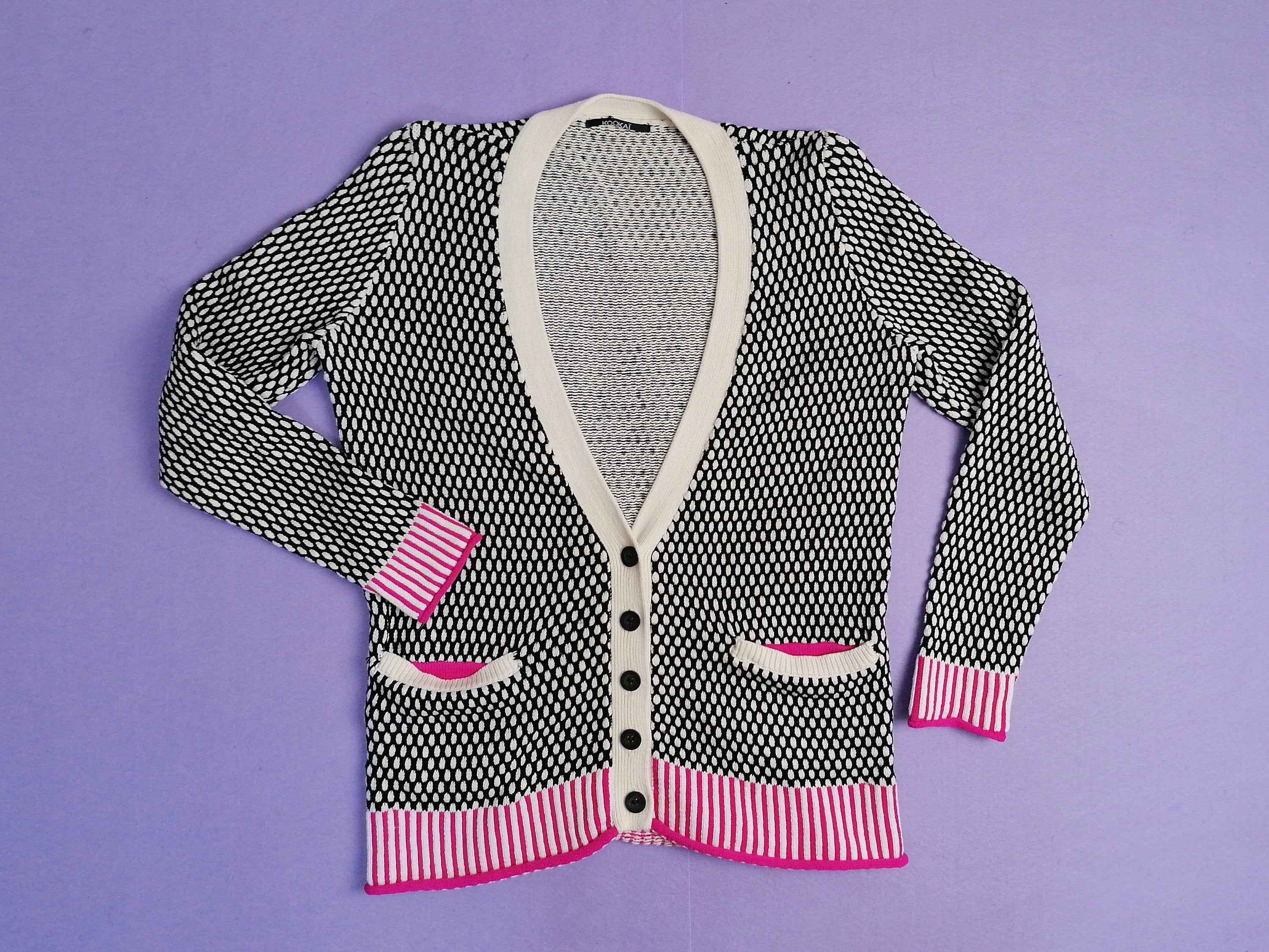 KOOKAI Cardigan Knit Sweater White Black Pink - size S-M