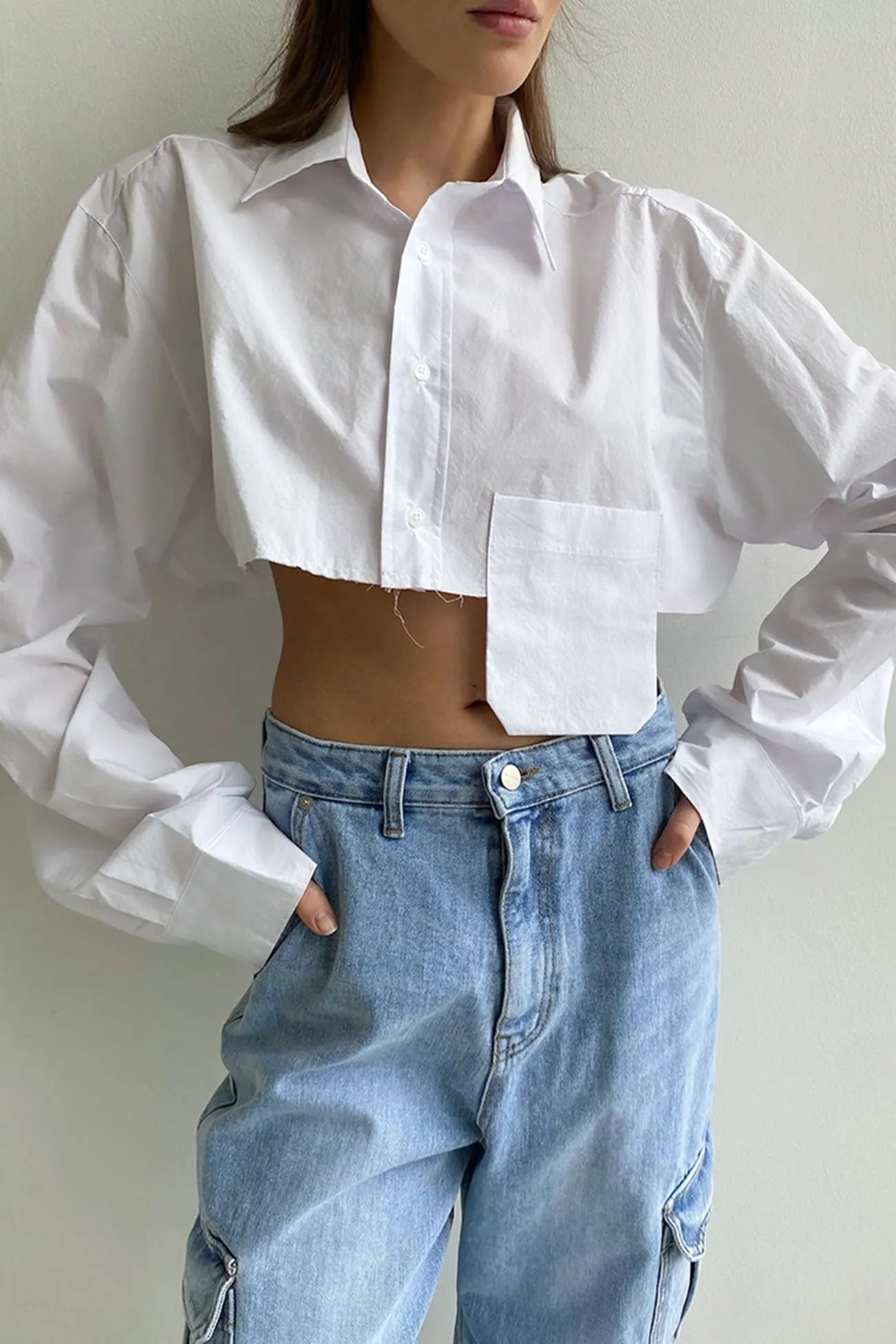 Lapel Patch Pocket Cropped Shirt