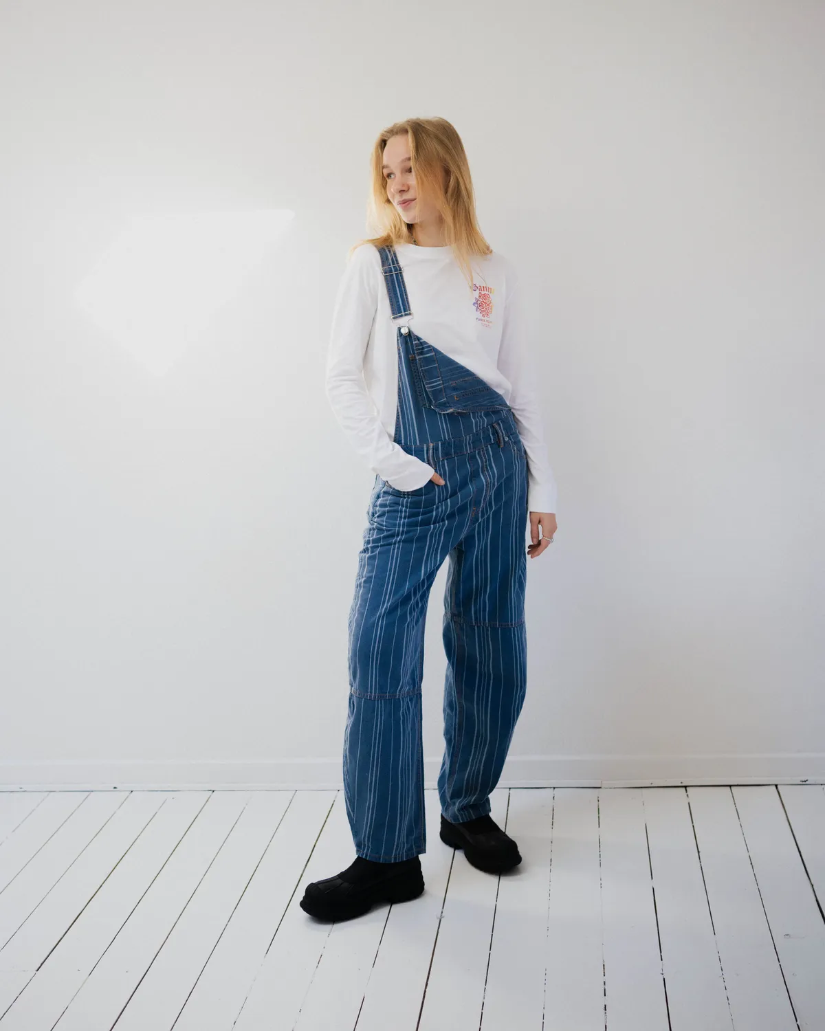 Light Stripe Denim Overalls - Mid Blue Stone