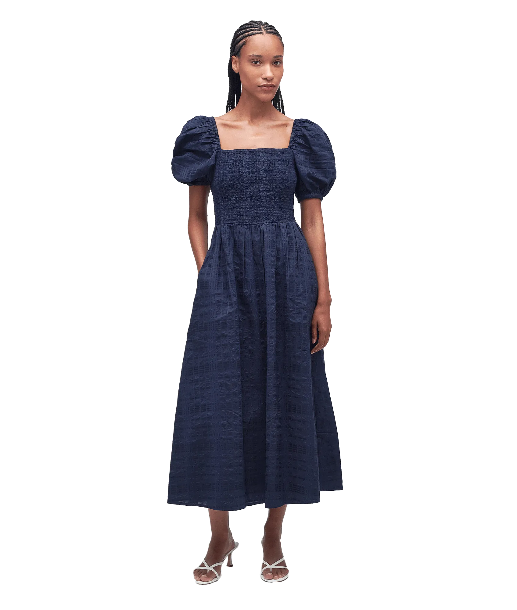 Macy Checked Cotton Midi Dress - Navy