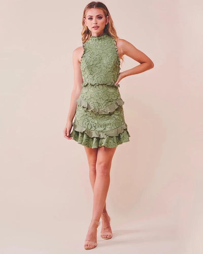 Mock Neck Lace Tiered Ruffle Sleeveless Dress in Olive