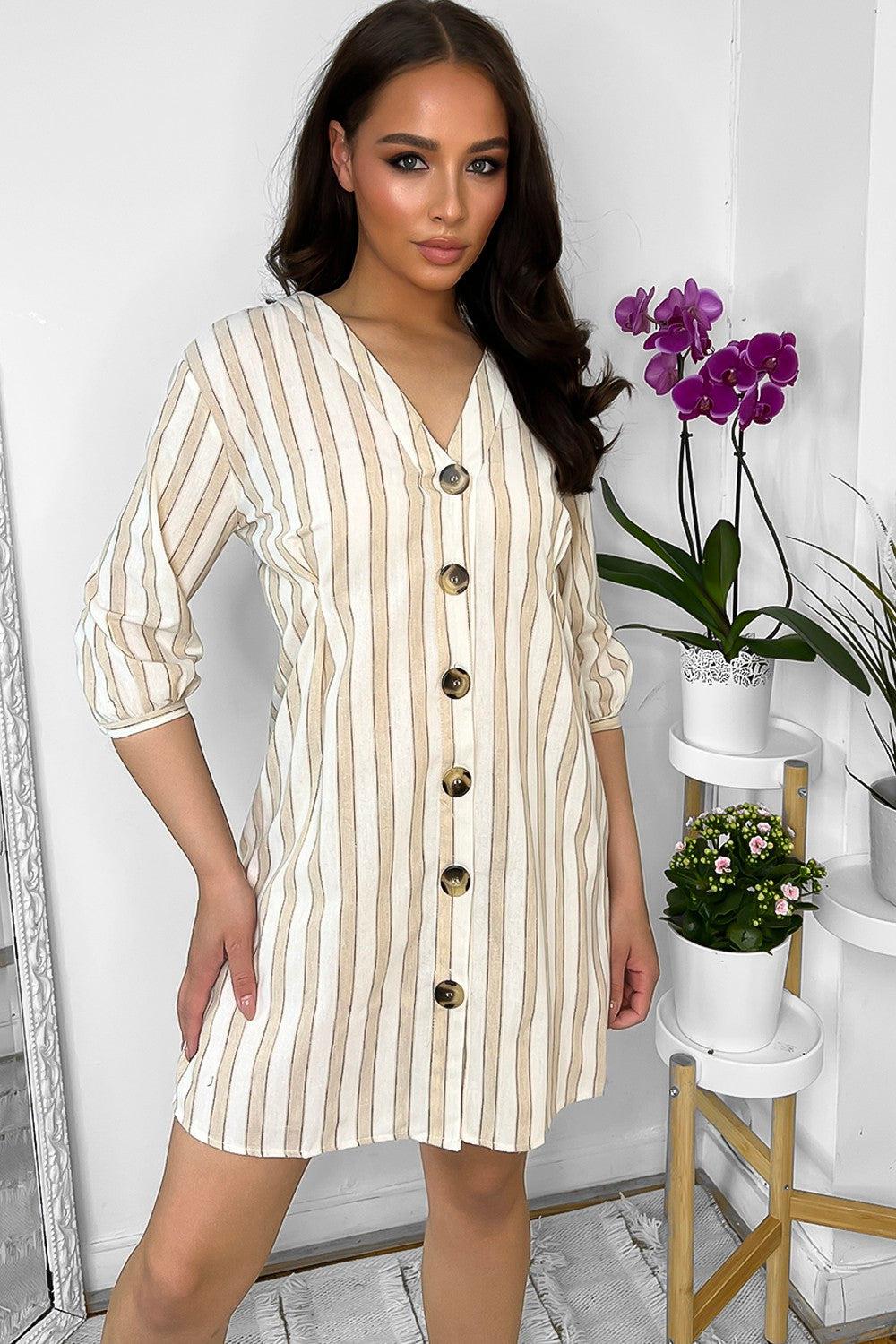 Natural Stripe V-Neck Cotton Blend Dress