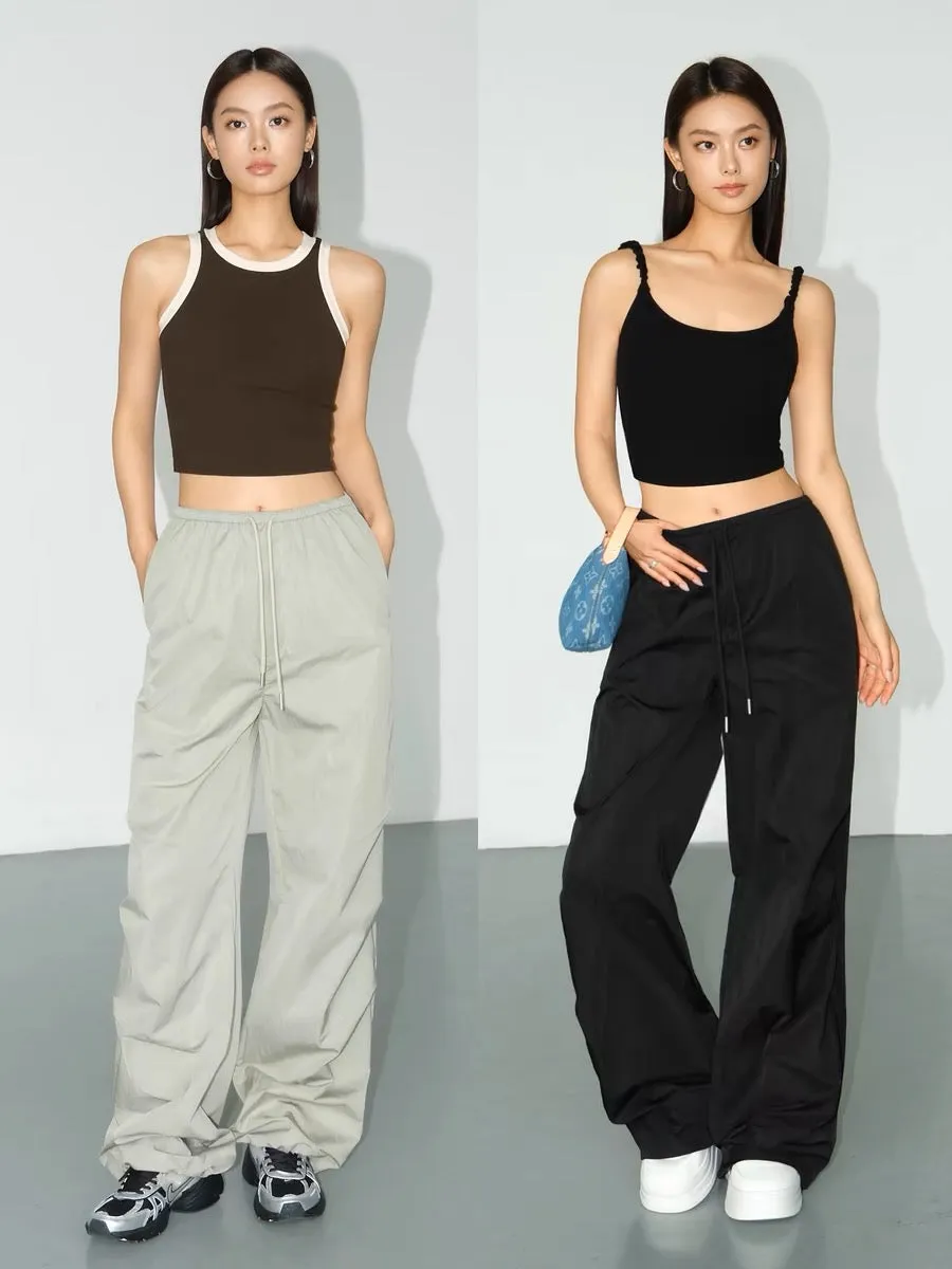 NEVA HU black high-waisted overalls for women summer new Korean style loose wide-leg pants casual floor-length trousers