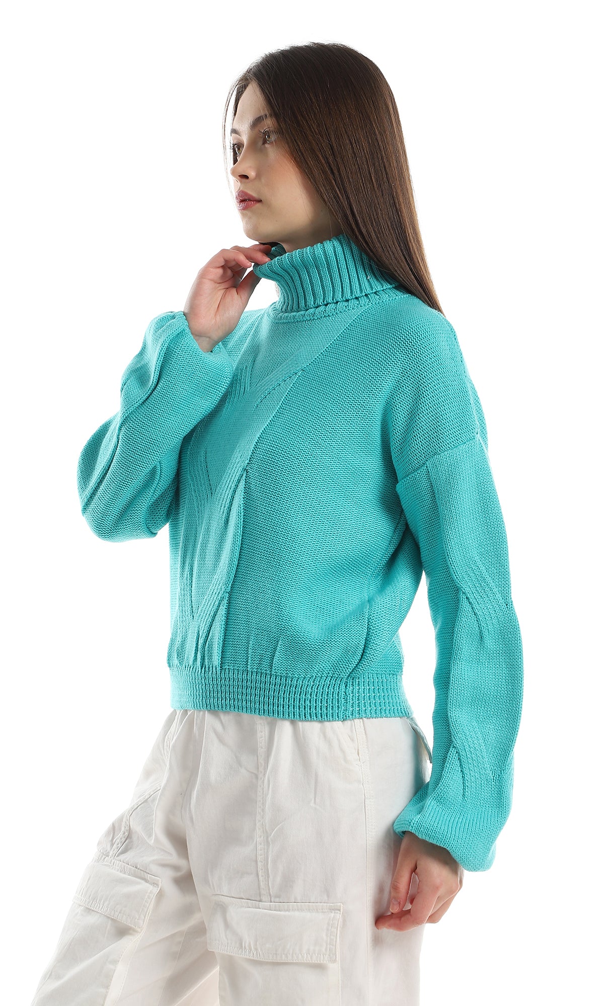 O157211 Ribbed Turtle Neck Knitted Pullover - Aqua