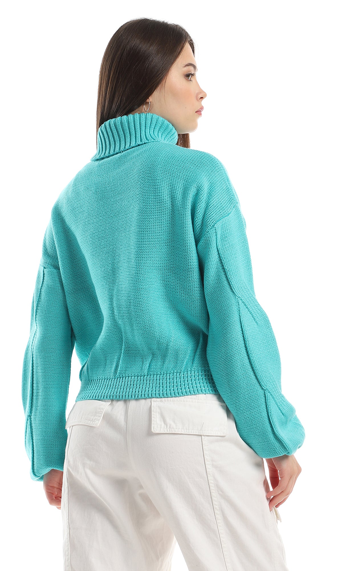 O157211 Ribbed Turtle Neck Knitted Pullover - Aqua