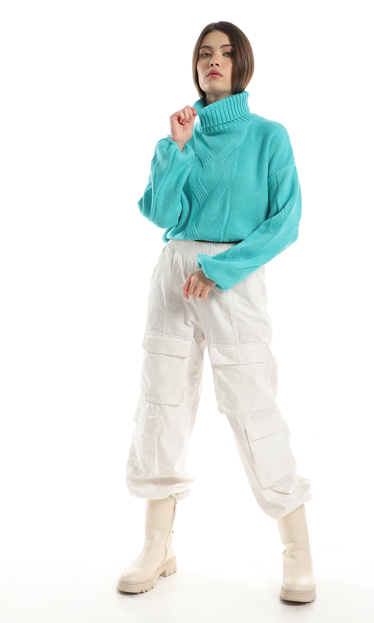 O157211 Ribbed Turtle Neck Knitted Pullover - Aqua