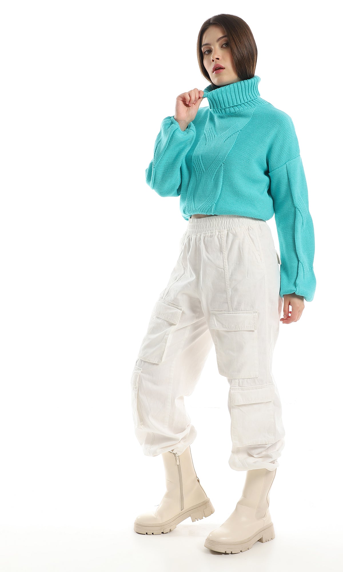 O157211 Ribbed Turtle Neck Knitted Pullover - Aqua