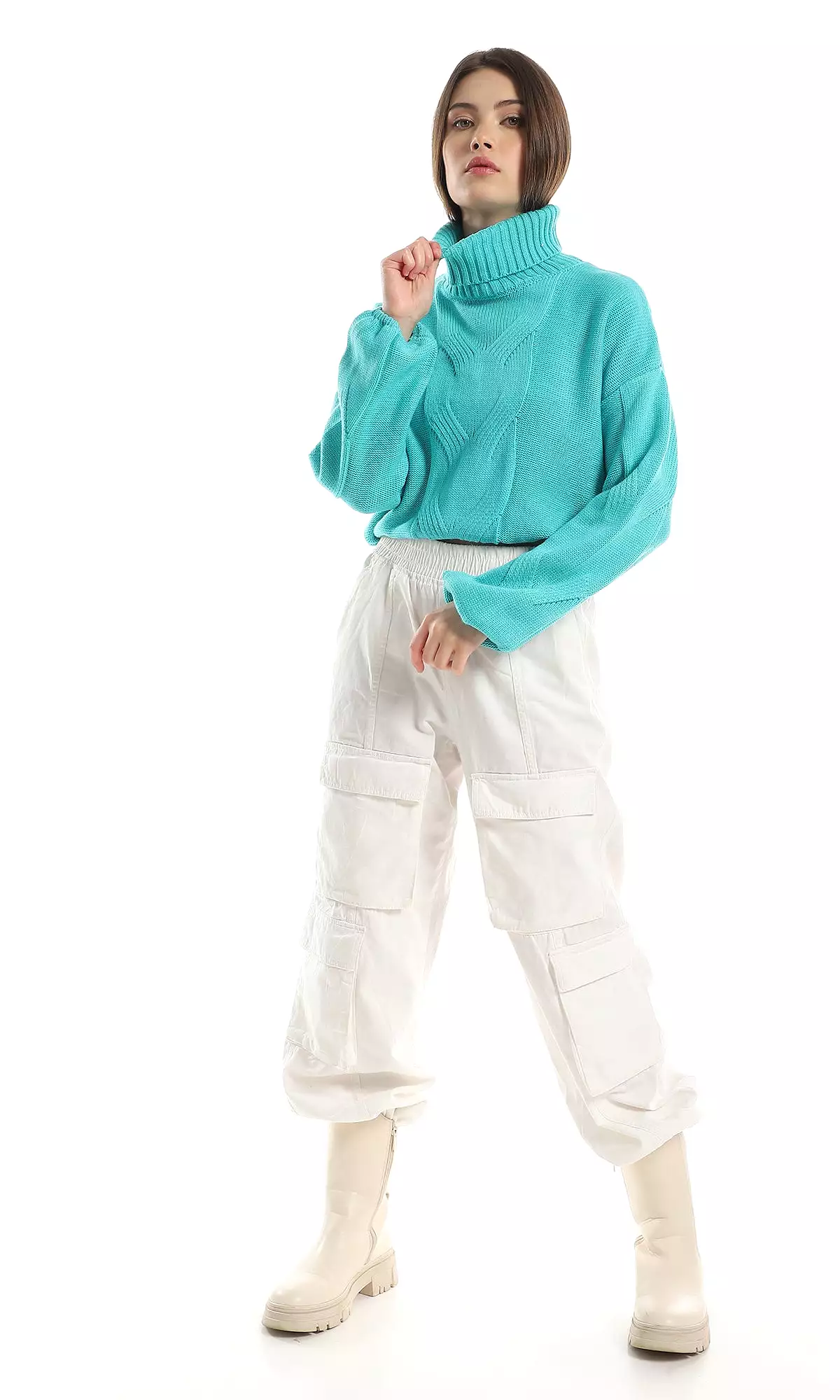 O157211 Ribbed Turtle Neck Knitted Pullover - Aqua