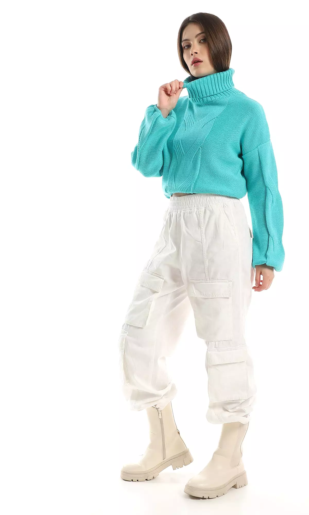 O157211 Ribbed Turtle Neck Knitted Pullover - Aqua