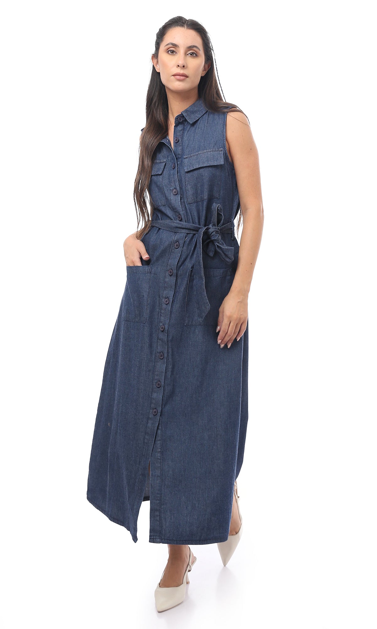 O170882 Dark Blue Jeans Sleeveless Cotton Dress