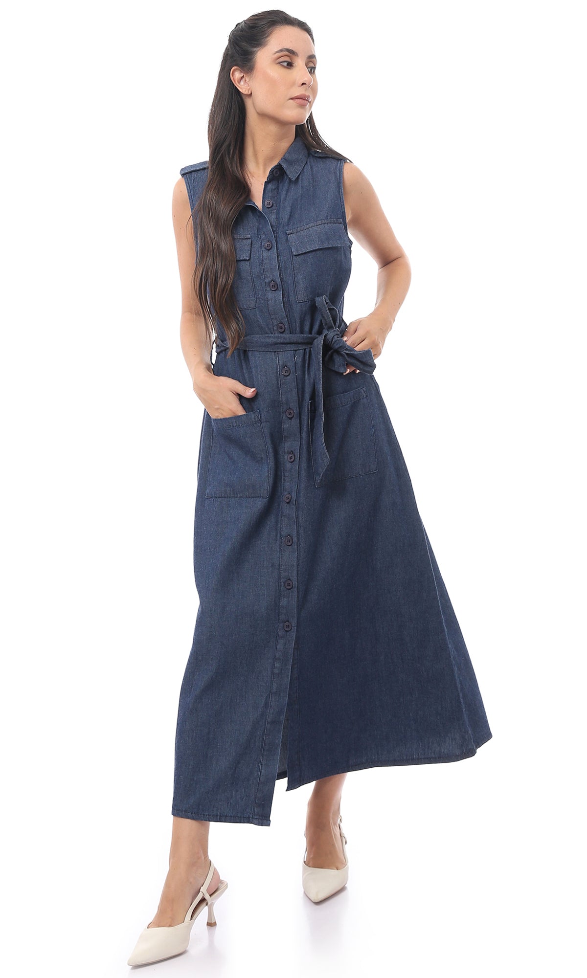 O170882 Dark Blue Jeans Sleeveless Cotton Dress