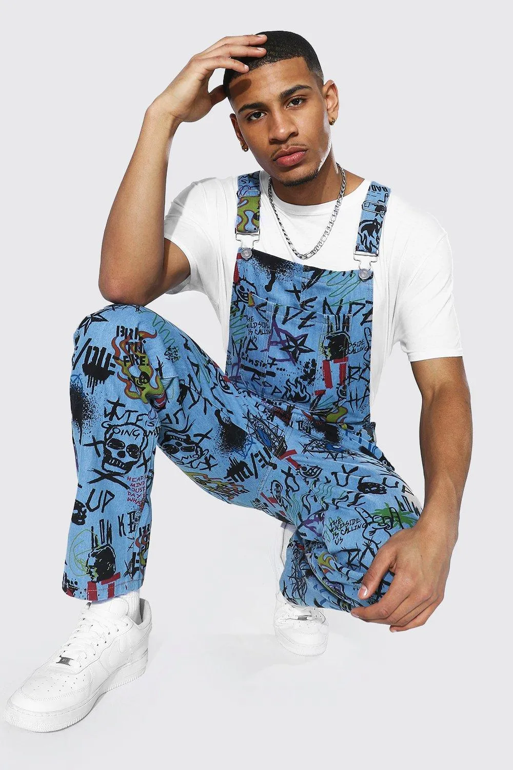 Relaxed Fit Graffiti Print Long Overalls