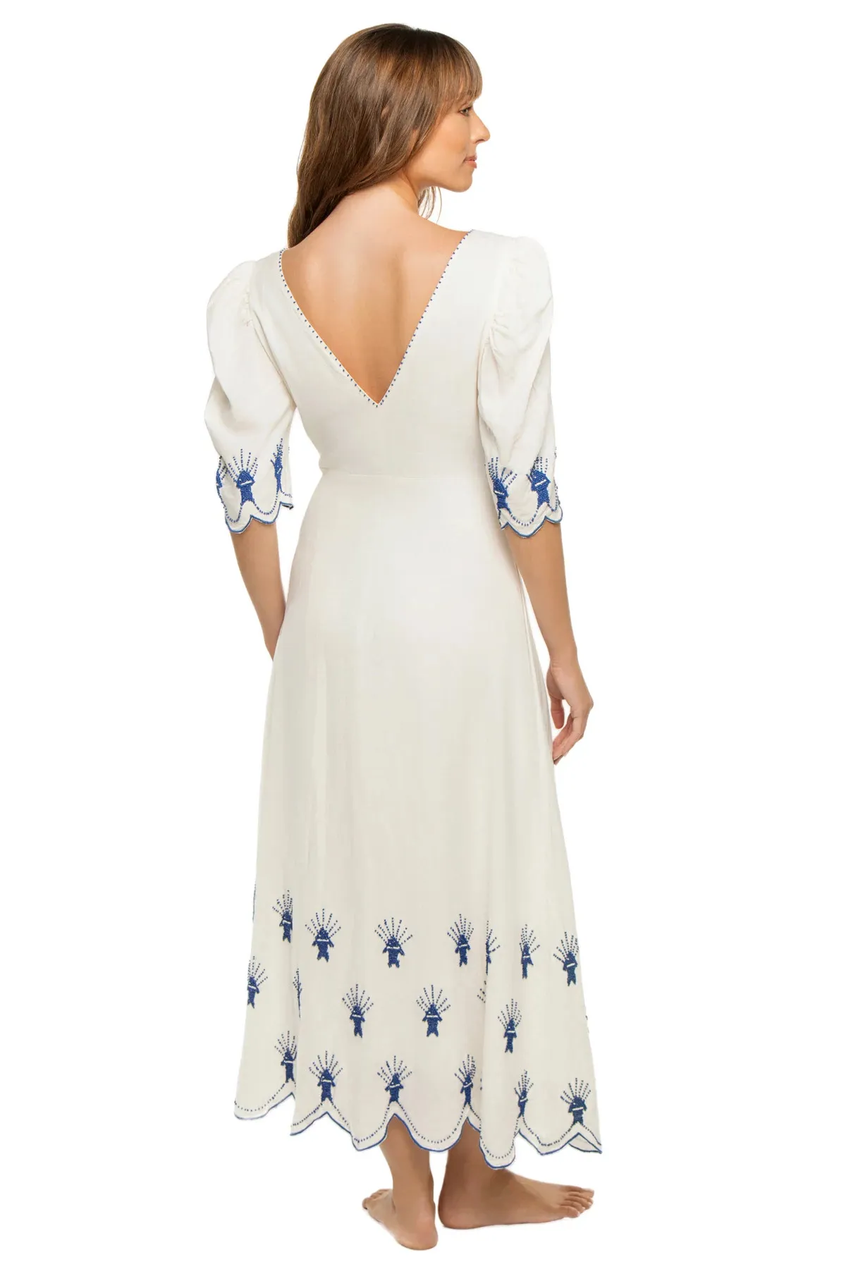 Sea of Fish Embroidered Linen Maxi Dress