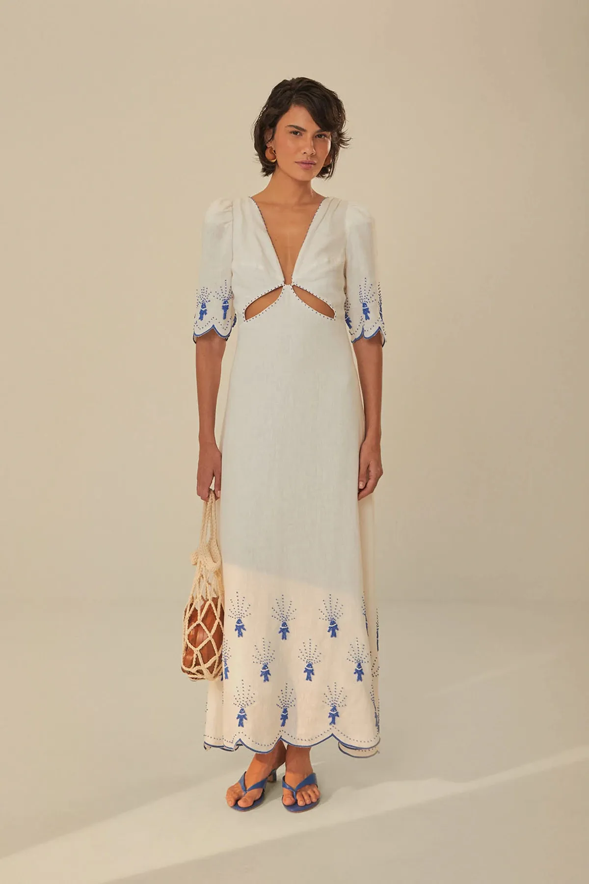 Sea of Fish Embroidered Linen Maxi Dress