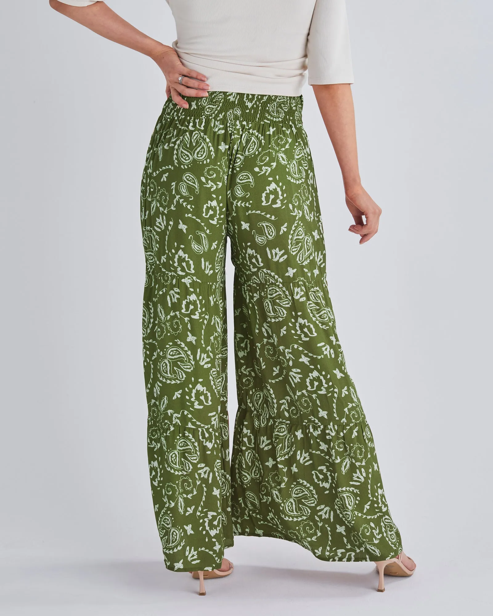 Stacie Wide Leg Maternity Pants in Green Paisley Print