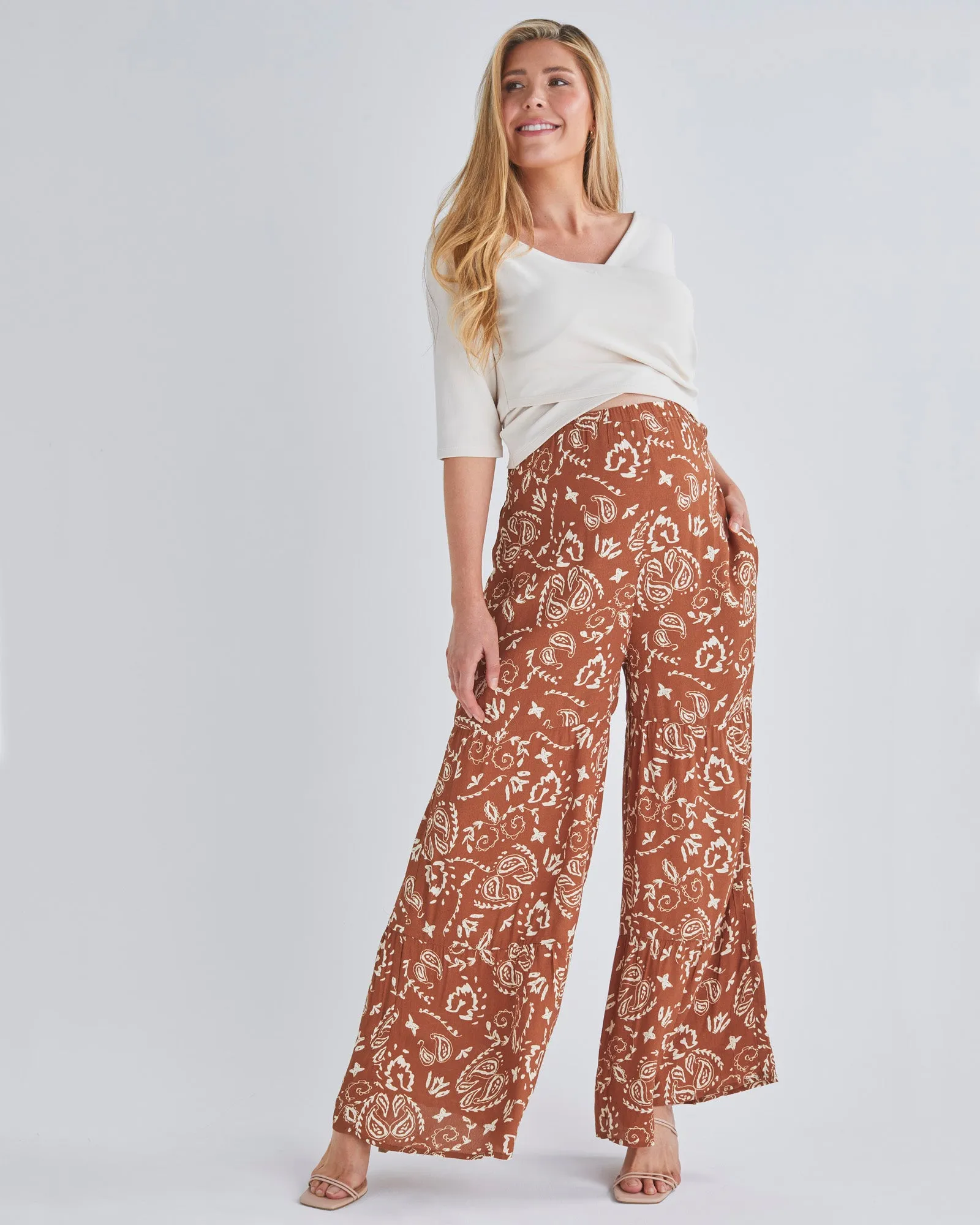 Stacie Wide Leg Maternity Pants in Mahogany Paisley Print