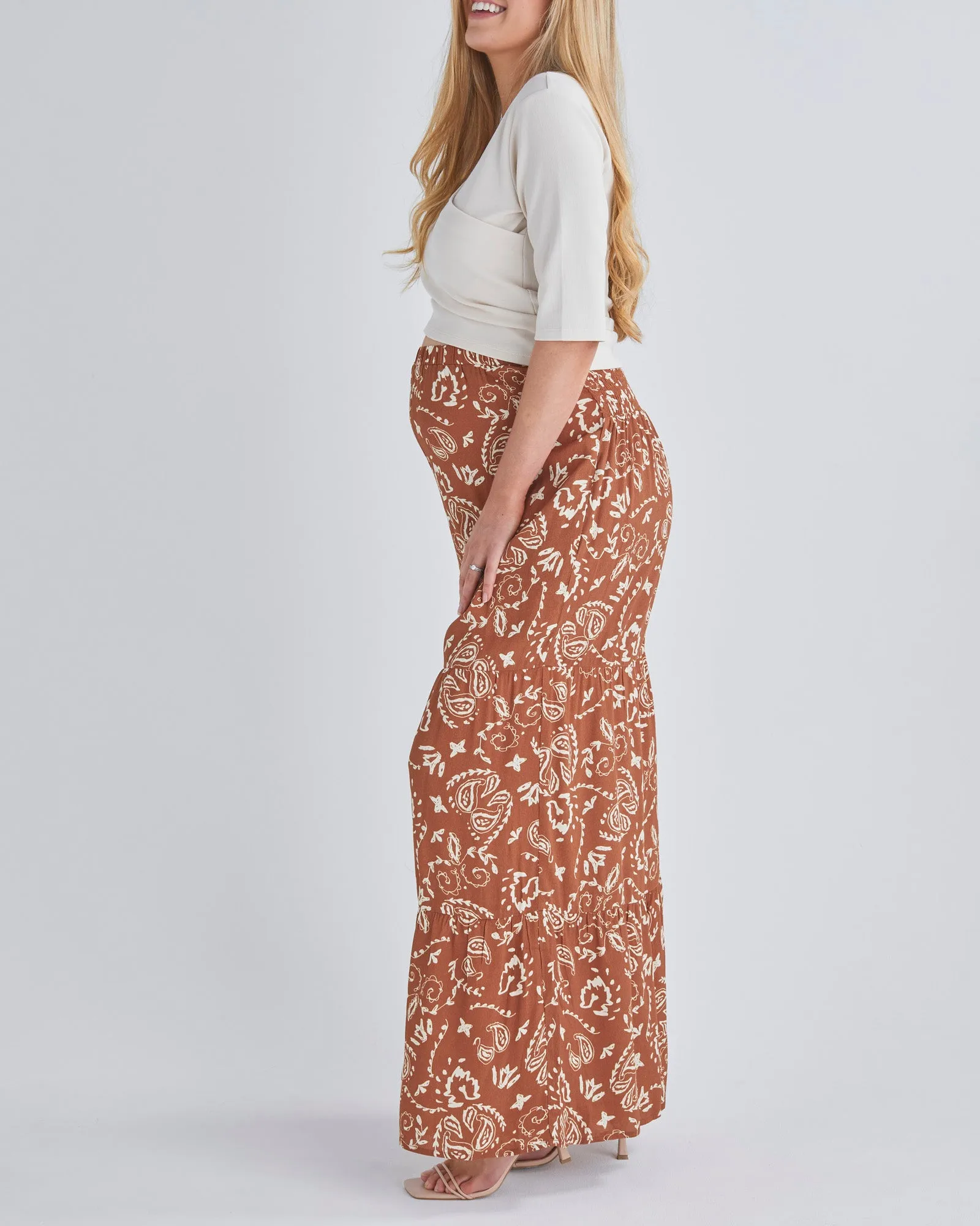 Stacie Wide Leg Maternity Pants in Mahogany Paisley Print