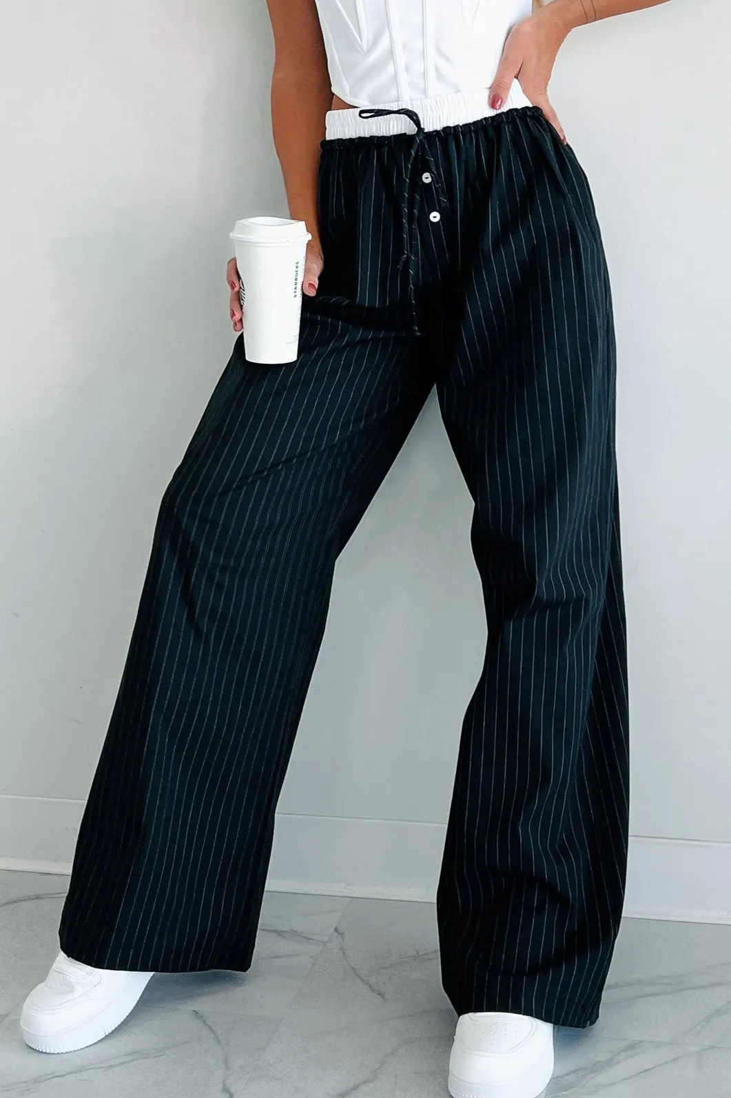 Straight Chillin Wide Leg Pinstripe Pants (Black/White)