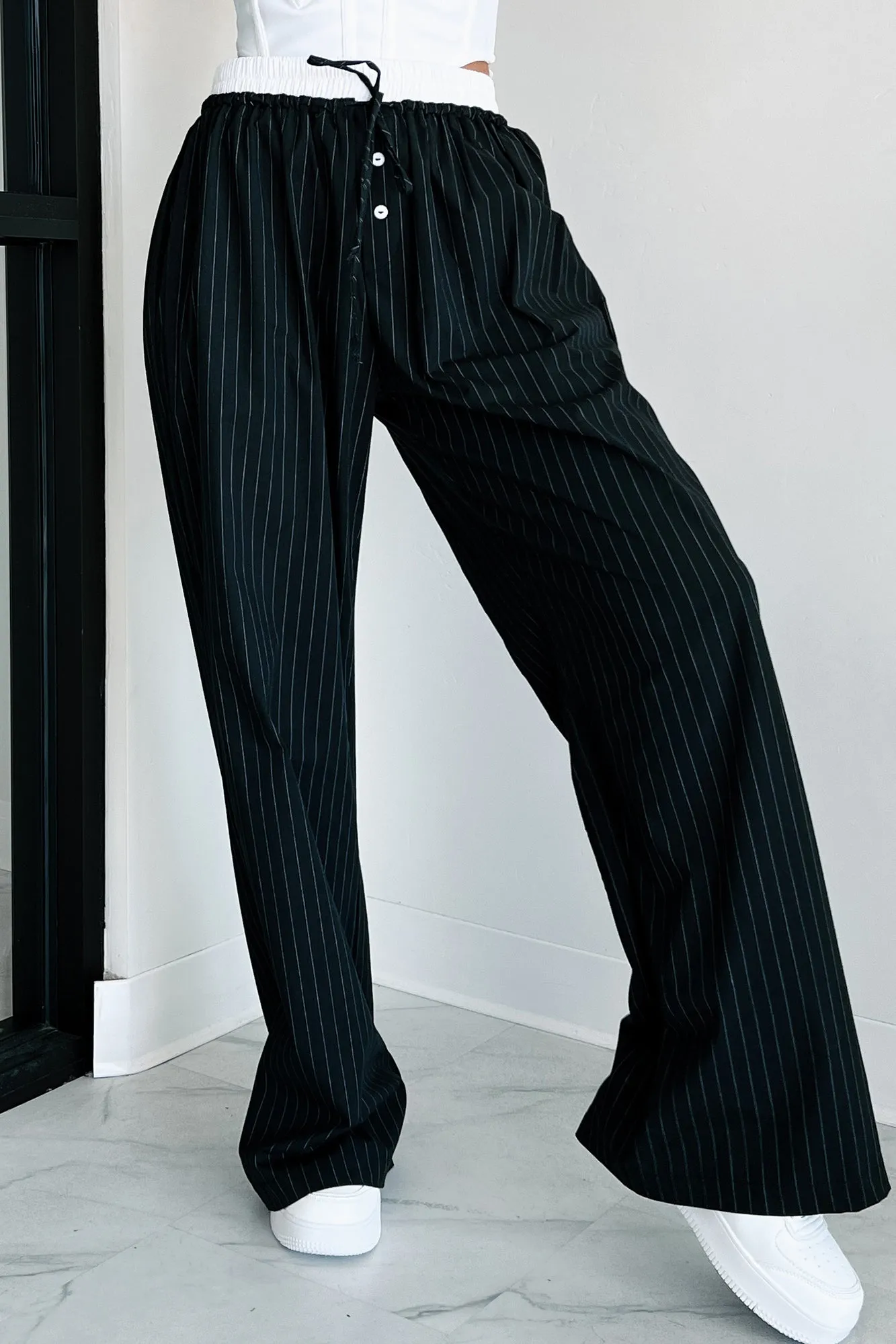 Straight Chillin Wide Leg Pinstripe Pants (Black/White)