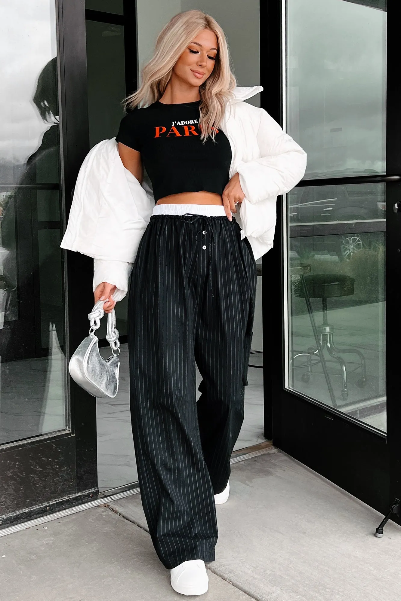 Straight Chillin Wide Leg Pinstripe Pants (Black/White)