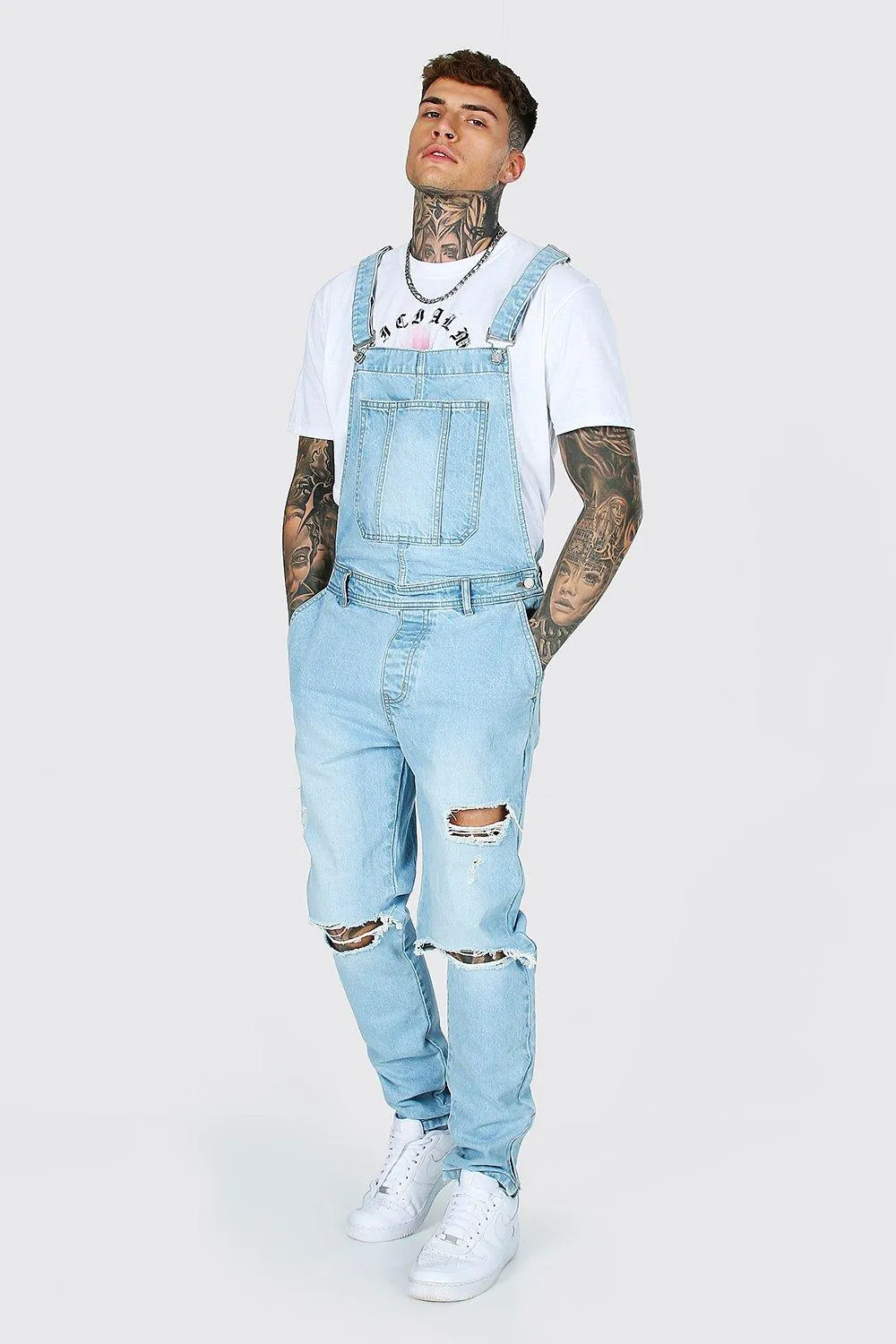 Tapered Stacked Knee Rip Long Overalls