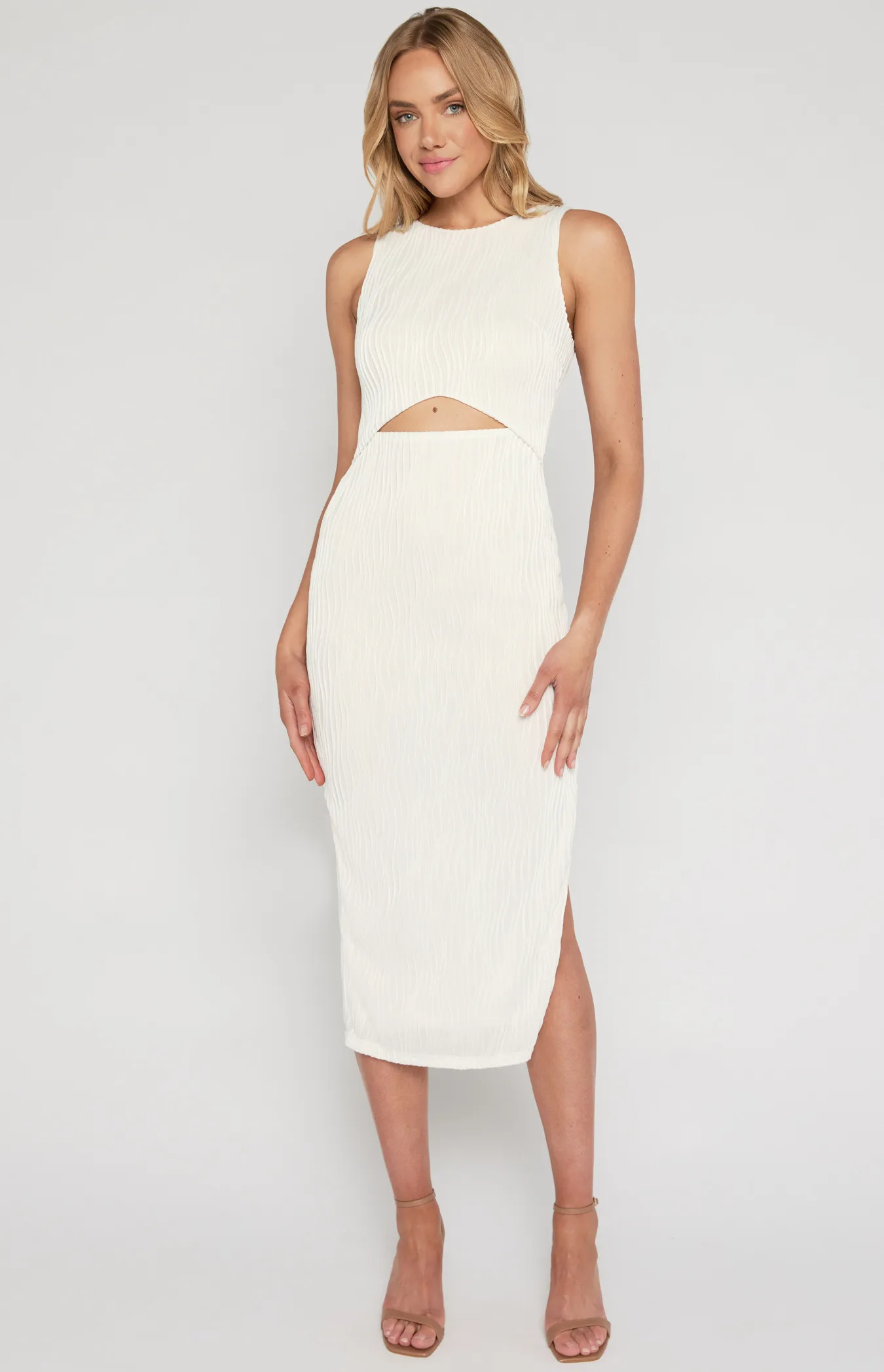 Textured Stretch Midi Dress with Front Cut Out Detail (WTO606A)