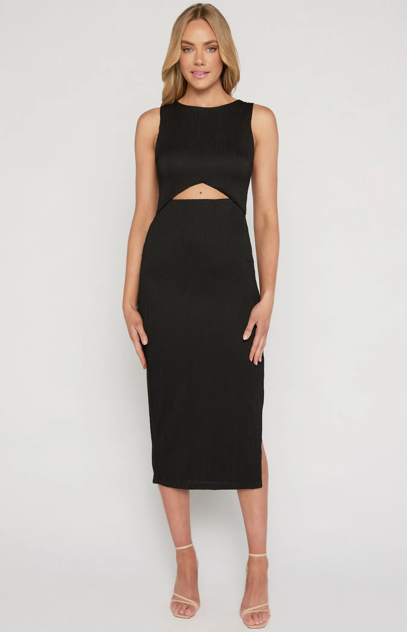 Textured Stretch Midi Dress with Front Cut Out Detail (WTO606A)