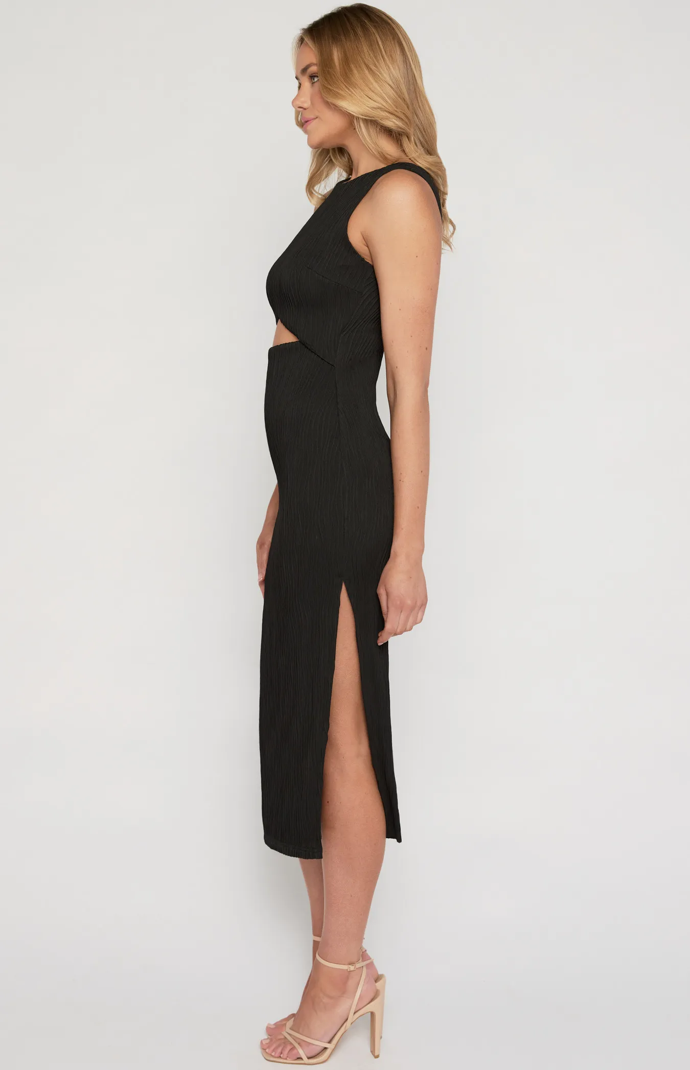 Textured Stretch Midi Dress with Front Cut Out Detail (WTO606A)