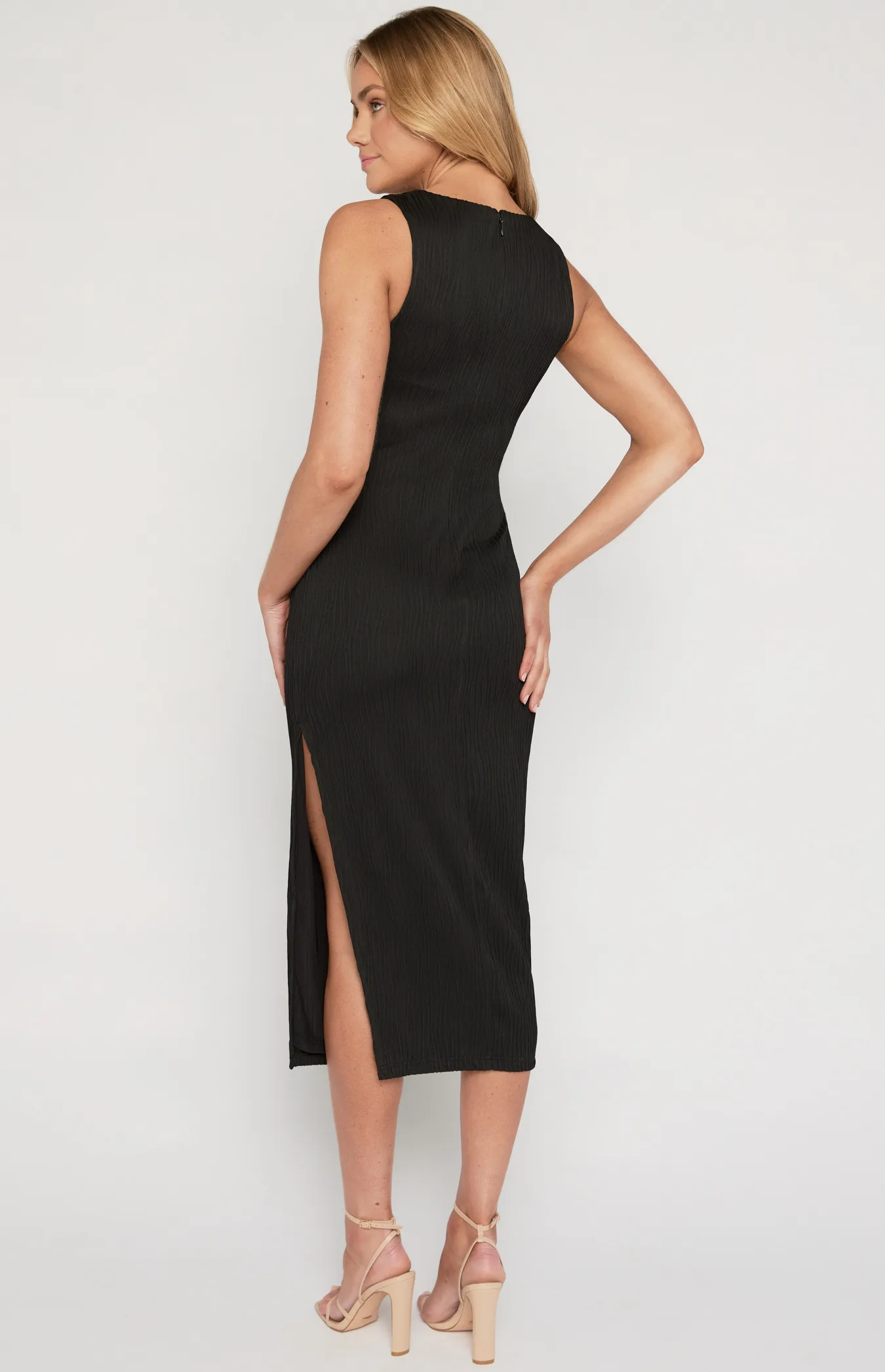 Textured Stretch Midi Dress with Front Cut Out Detail (WTO606A)