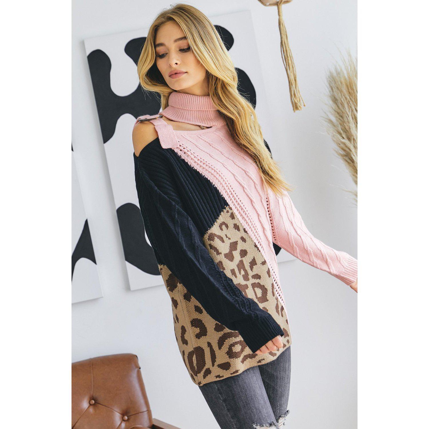 Turtle Neck Color Block Cutout Sweater