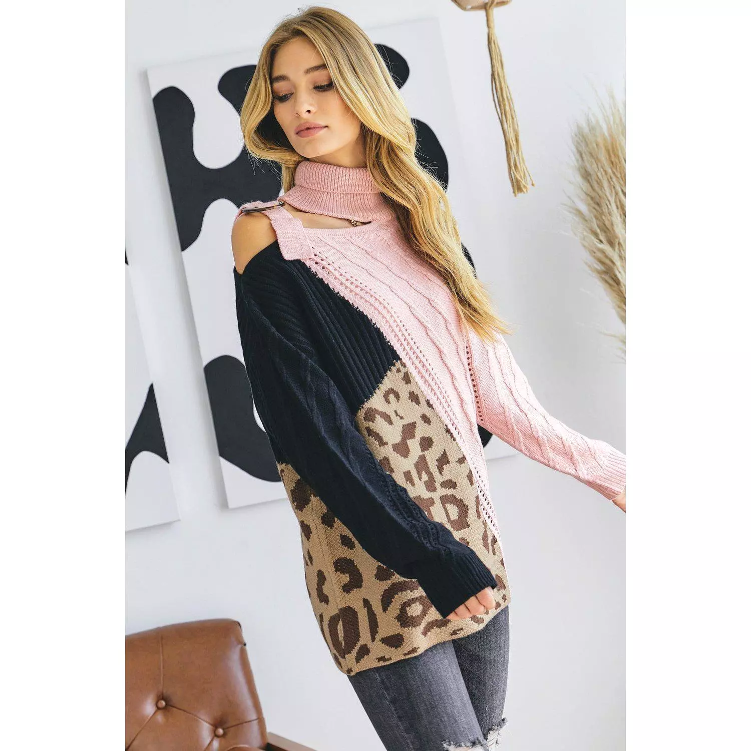 Turtle Neck Color Block Cutout Sweater