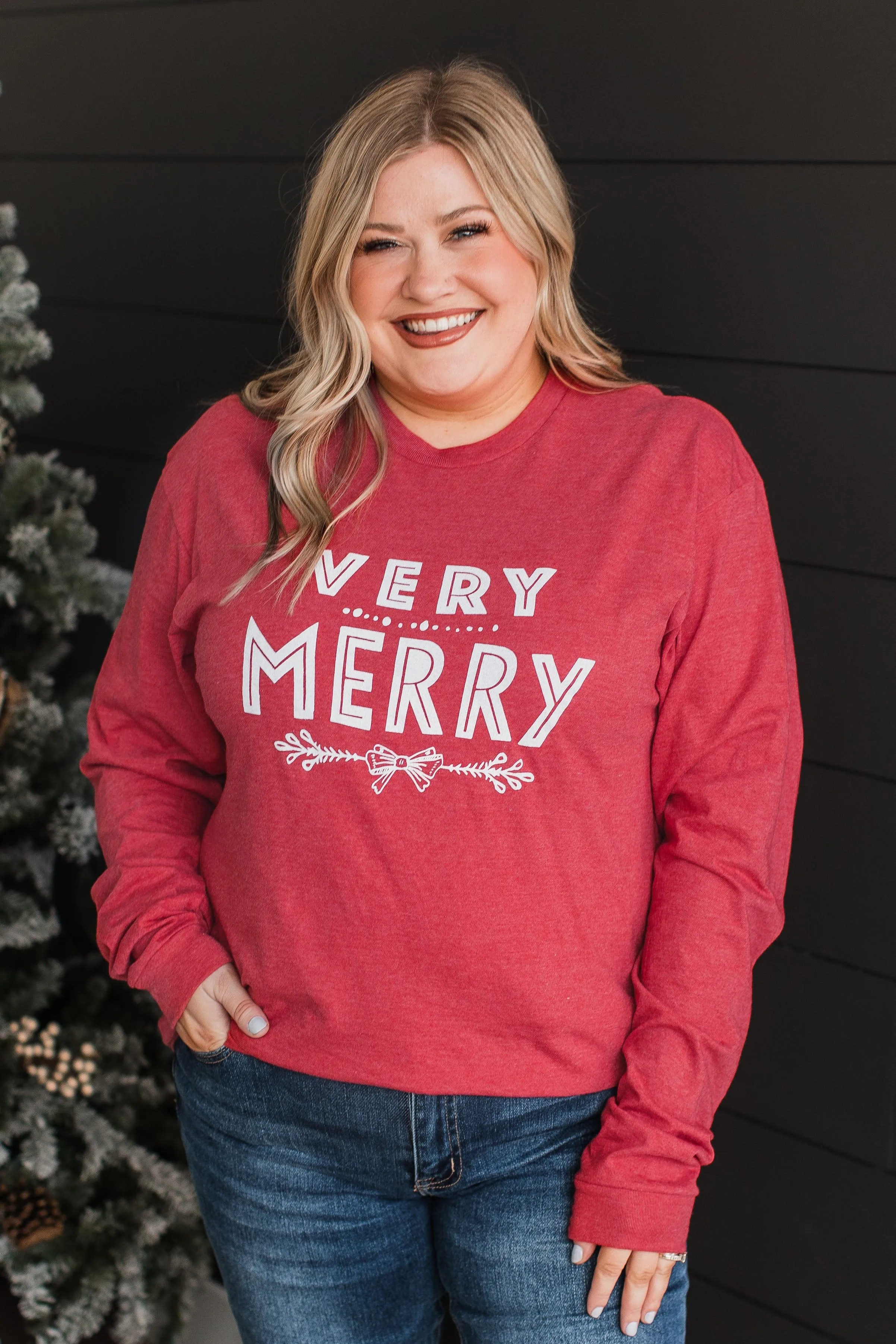 Very Merry Long Sleeve Graphic Top- Red